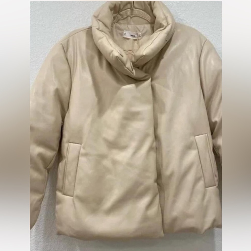 Mango Women's Beige Cream Puffer Jacket Vegan Leather - Picture 4 of 5